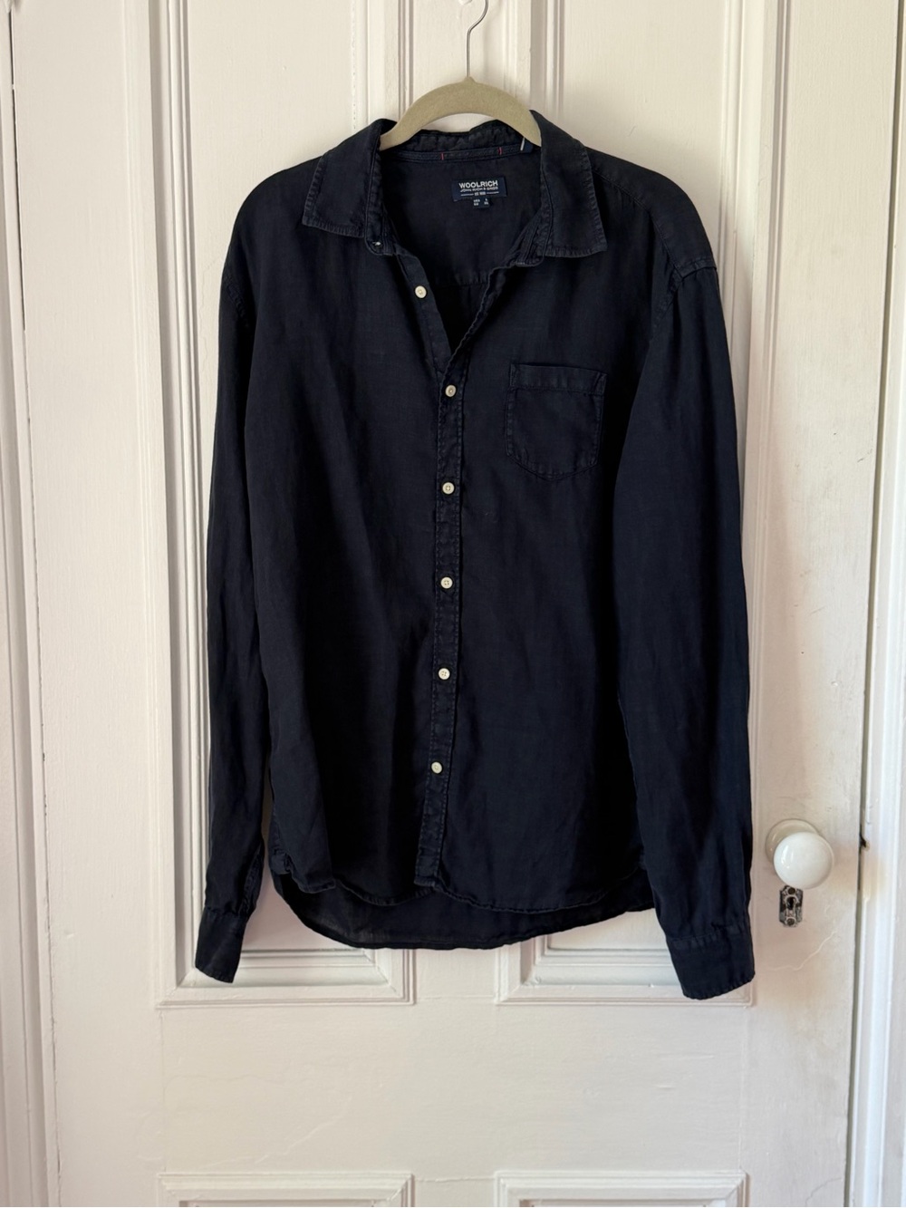 Men’s Woolrich Linen Long Sleeve Button Front Navy Blue Shirt Size Large